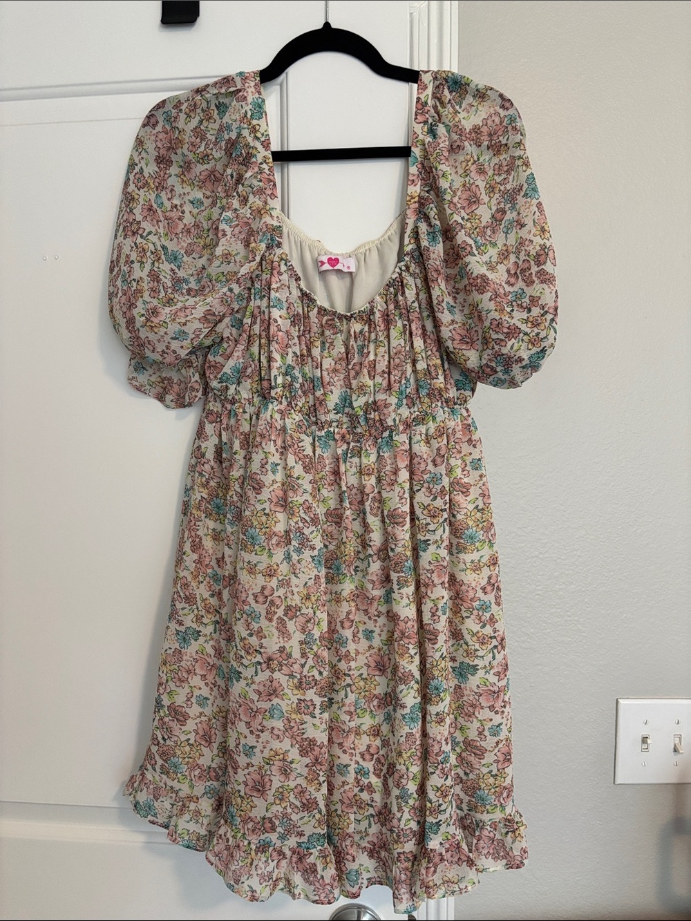 Buddy Love Cream Floral Puff-Sleeve Dress with Pink & Green Accents